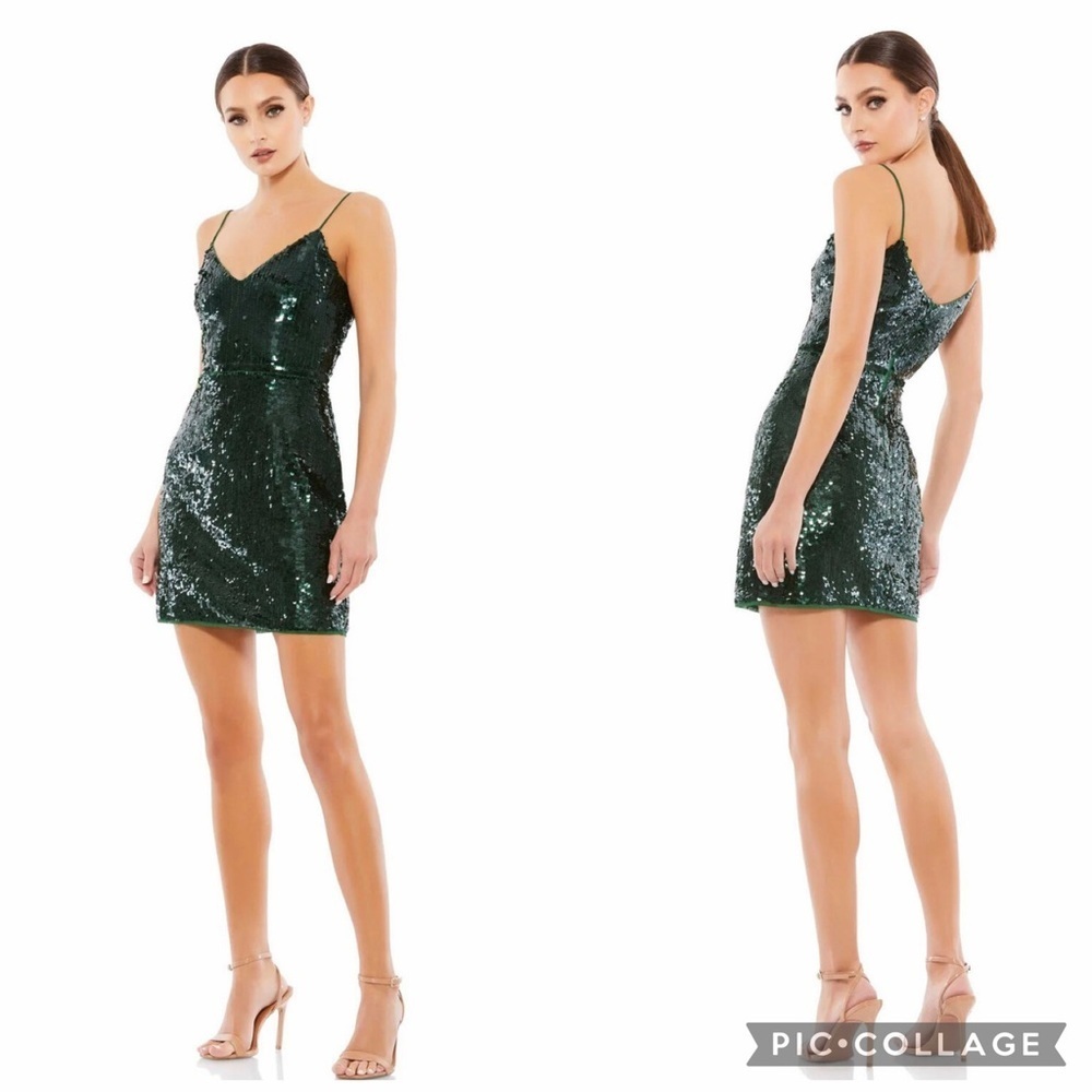 NWT Mac Duggal 93646 Phthalo Green Sequined Cocktail Strappy Mini Dress Size 12